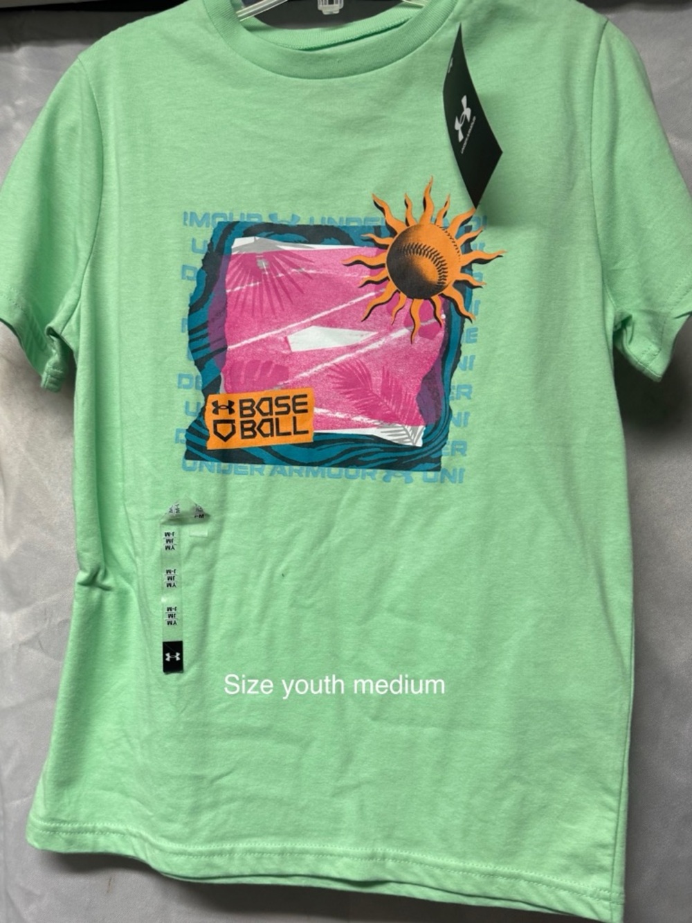 Under Armour Mint Green Graphic Baseball Tee with Pink & Orange Sun